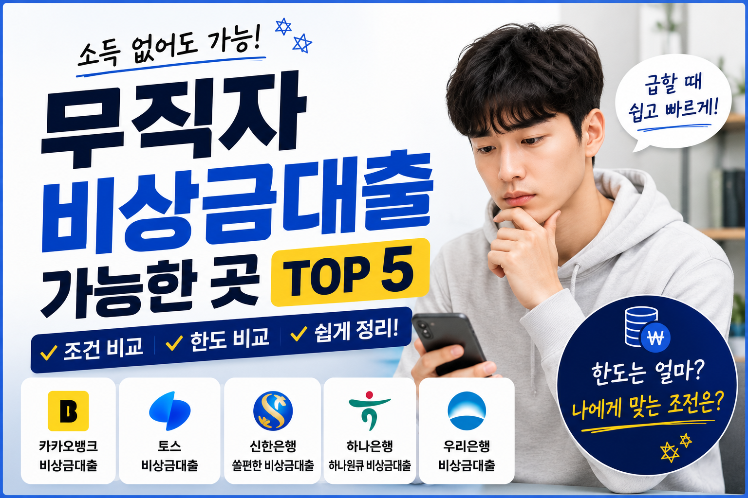 무직자 비상금대출 가능한 곳 TOP 5 조건 한도 비교